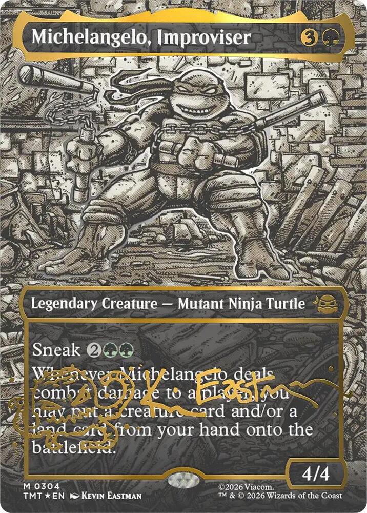 Michelangelo, Improviser 304/190 (Teenage Mutant Ninja Turtles)  - Borderless Gold Signature Foil