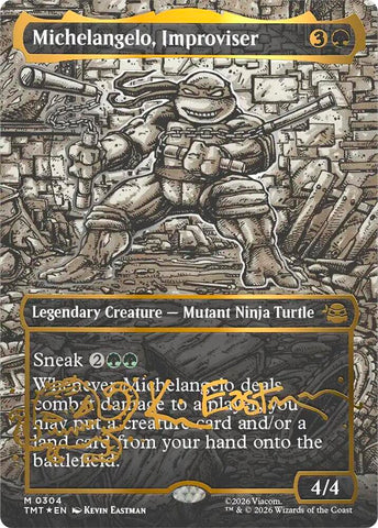 Michelangelo, Improviser 304/190 (Teenage Mutant Ninja Turtles)  - Borderless Gold Signature Foil