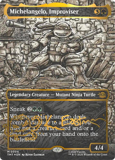Michelangelo, Improviser 304/190 (Teenage Mutant Ninja Turtles)  - Borderless Gold Signature Foil
